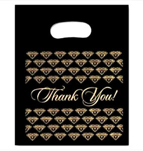 Die cut plastic bag - 12" x 15"- black / gold "Thank You" imprint - Box of  100